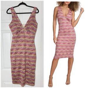 Siena Pink Chevron Bodycon V-Neck Sleeveless Midi Dress Size 10